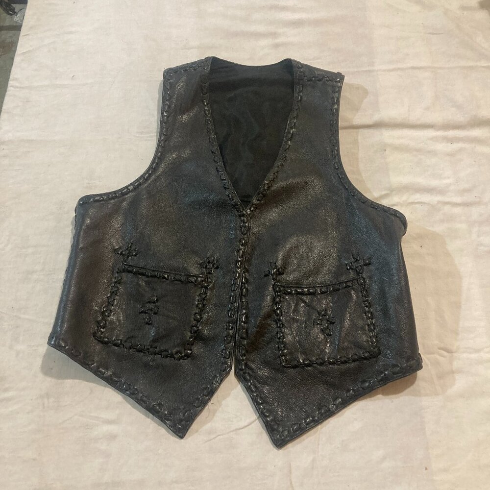 Vtg handmade rocker biker western cowboy black leather sleeveless mens vest